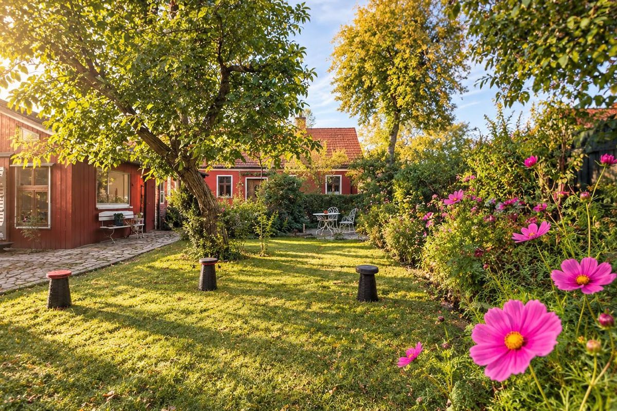 Der Garten der Praxis in der Altstadt 5: Rasen mit Hockern unter einem Obstbaum, ein weißer Gartentisch, rosa Blumen am Rand, dahinter das rote Praxishaus